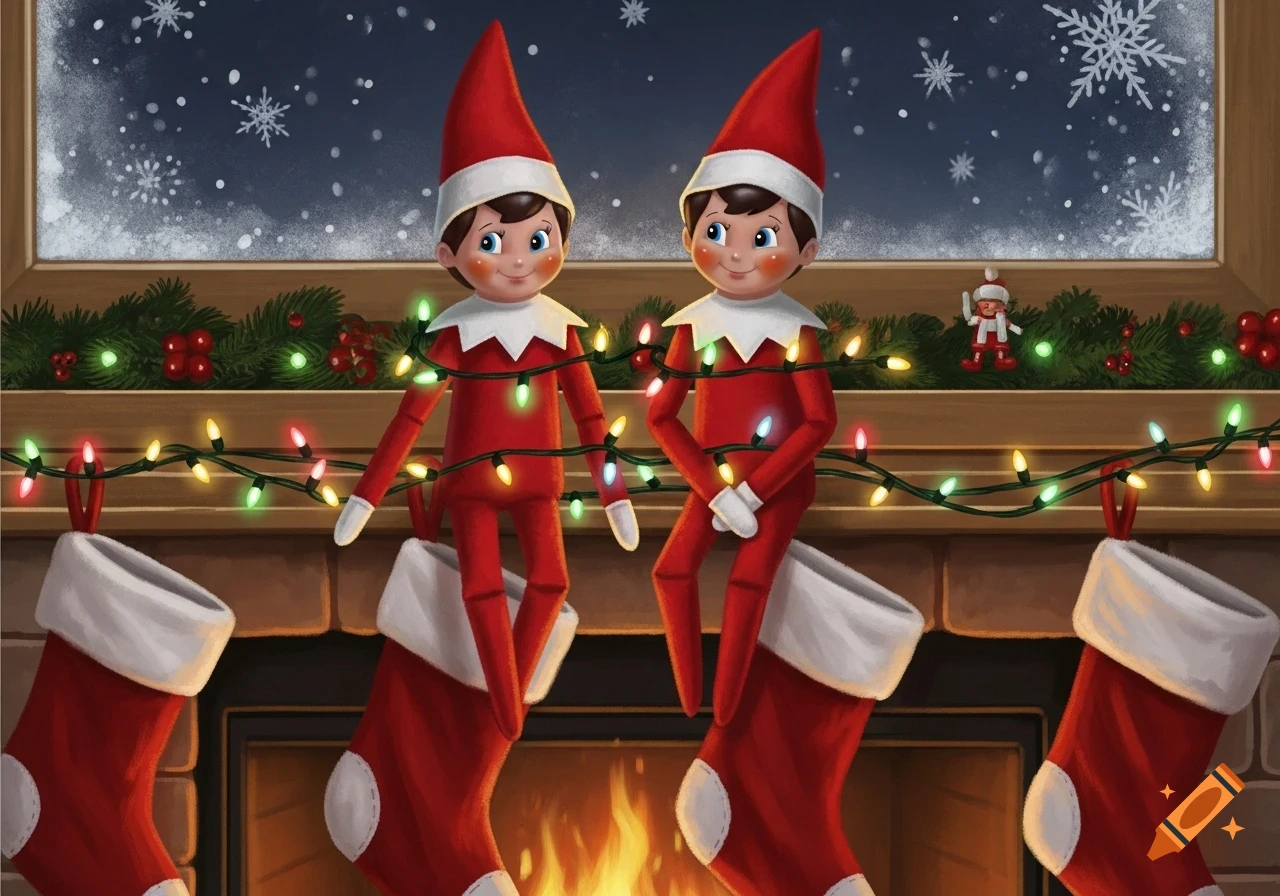 Two Elf on the Shelf figures sitting on Christmas stockings above a fireplace, wrapped in colorful string lights. Snow falls outside a window.