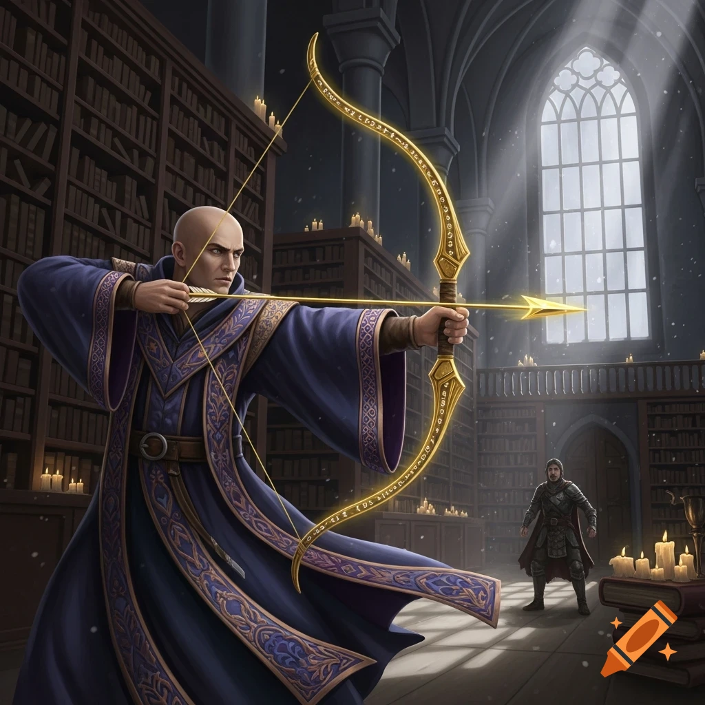 A bald man in a blue robe aims a golden bow at another man in a grand, candlelit fantasy library with tall windows.