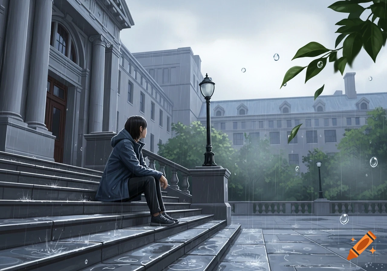 A person sits on stone steps outside a grand university building in the rain, looking out over the wet courtyard.