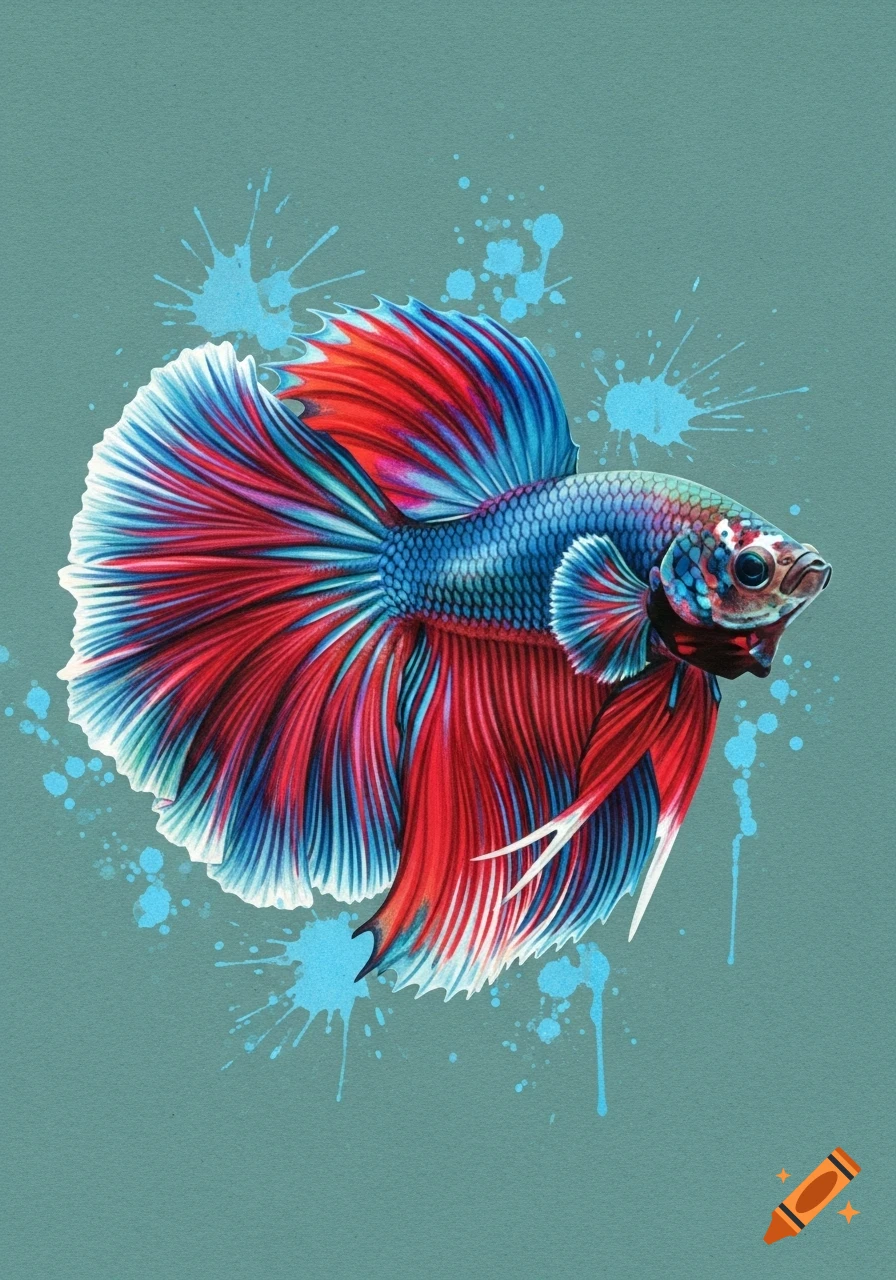 A vibrant watercolor illustration of a red, blue, and white Betta fish on a dull bluish-green background with blue splatters.