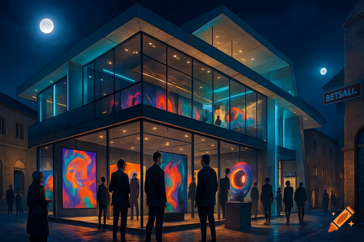 A modern art gallery building with glass walls, displaying abstract art, illuminated at night under a full moon, with people in suits observing the art.