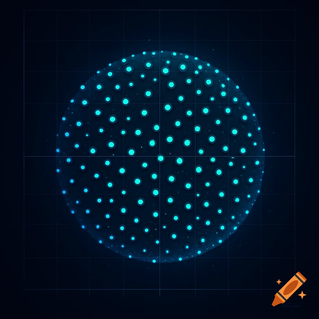 A glowing blue sphere covered in bright blue dots, set against a dark background with a subtle grid pattern.