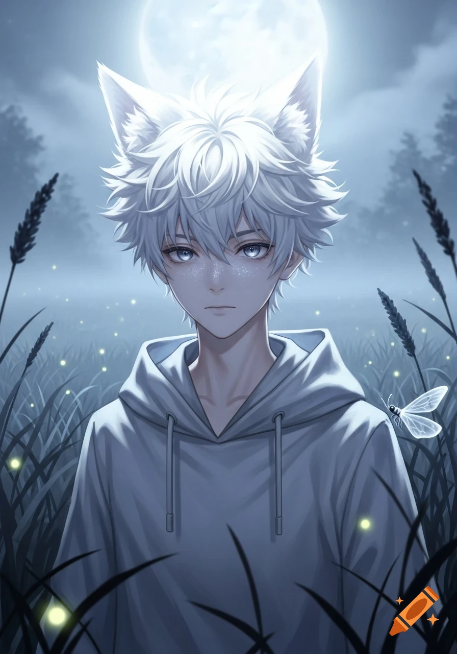 An anime boy with white fur ears and spiky white hair stands in a field of tall grass with glowing fireflies under a full moon.