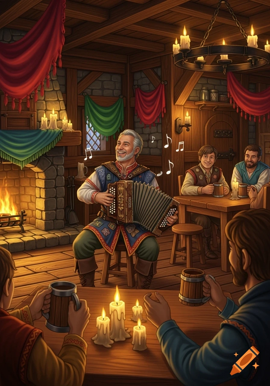 A smiling middle-aged bard plays an accordion in a cozy, candlelit tavern, entertaining men with tankards.