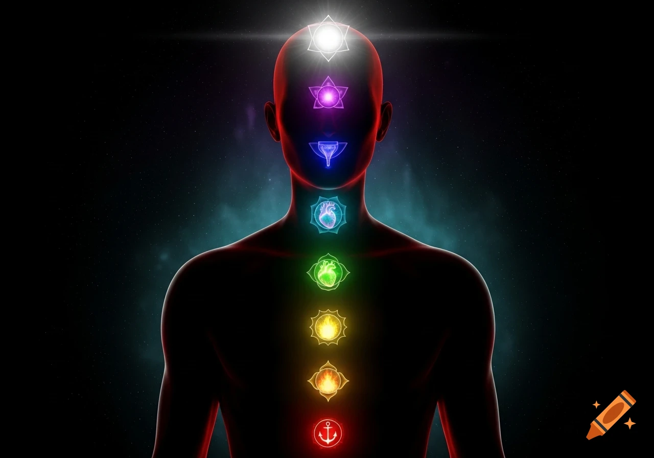 A glowing human silhouette with seven brightly colored chakras illuminated on the body against a dark, starry background.