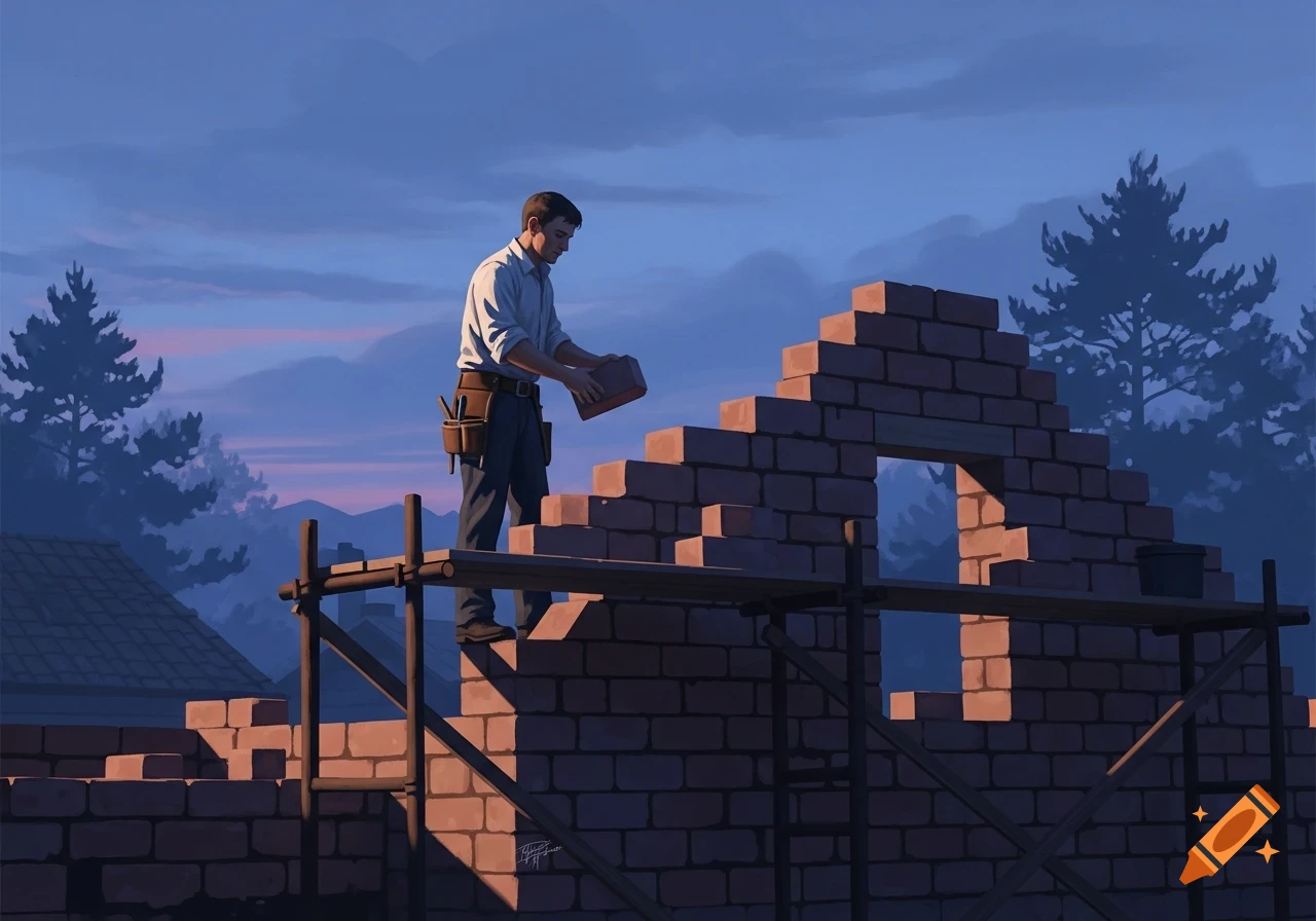 A mason builds a brick wall on scaffolding at dusk in a drawing style.