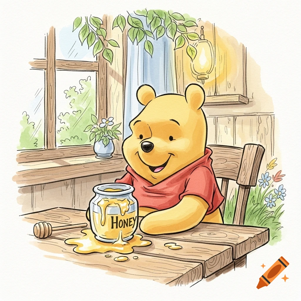 Winnie the Pooh smiles at a wooden table with a spilled honey pot, in an ink line and watercolor illustration.