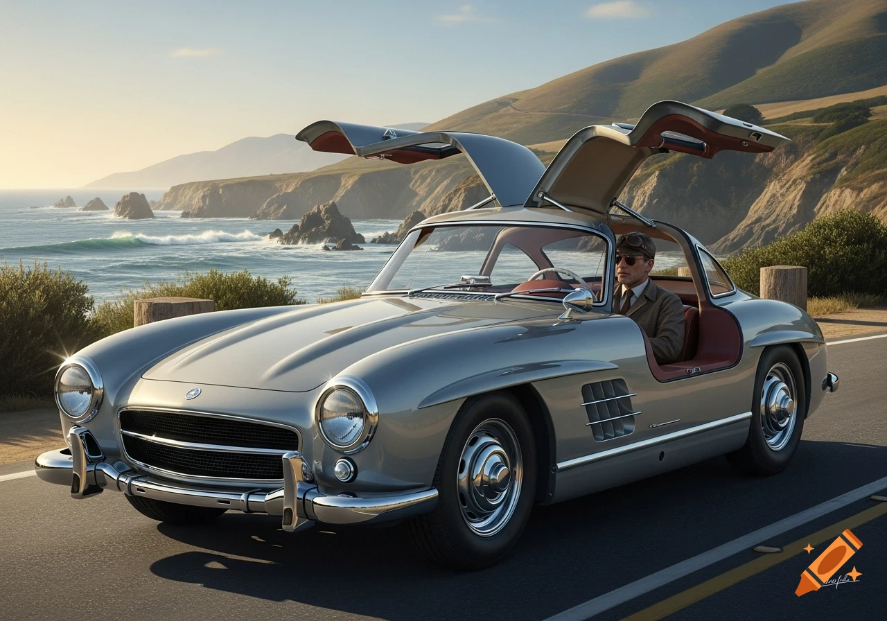 Photorealistic image of a silver Mercedes-Benz 300 SL 'Gullwing' with open doors, a man inside, on a coastal road overlooking the ocean and cliffs.