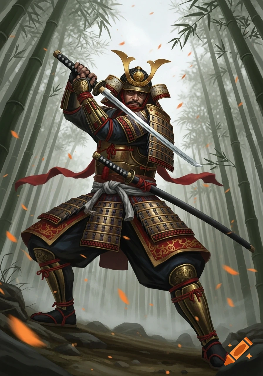 A powerful samurai in ornate golden and red armor poses with a katana in a bamboo forest, in a detailed fantasy illustration.