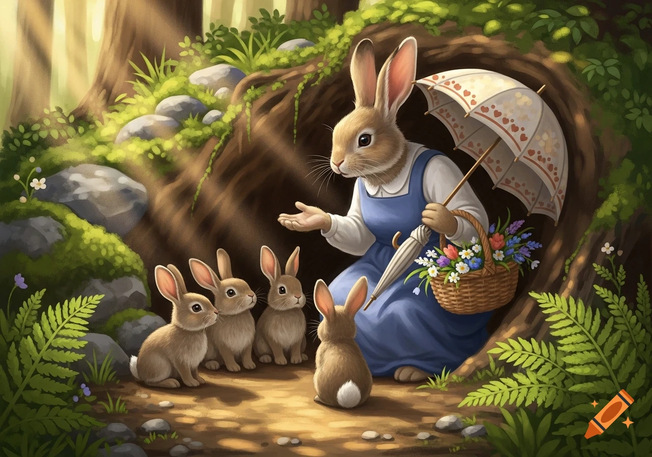 An anthropomorphic mother rabbit in a blue dress talks to four baby rabbits in a cozy woodland burrow, holding a floral basket and umbrella.