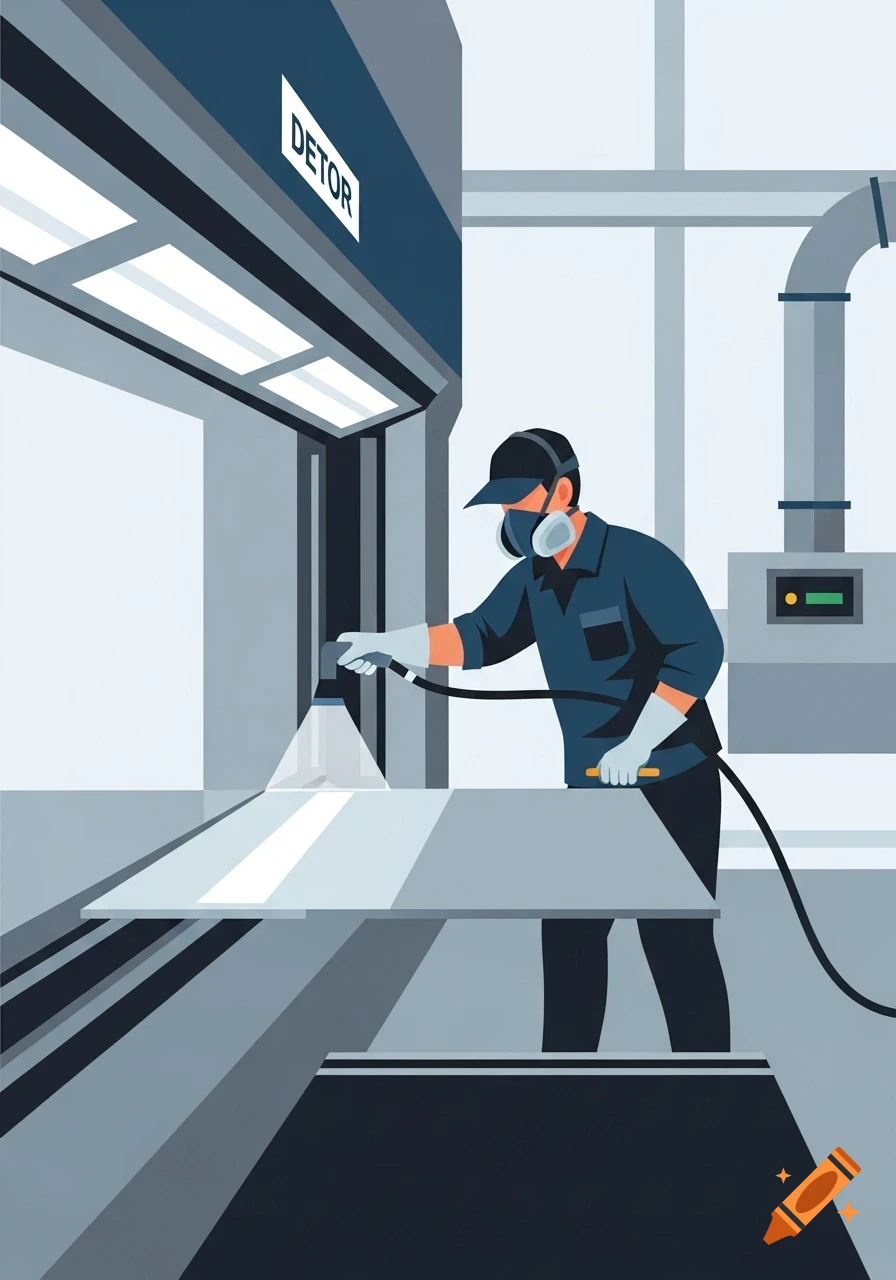 Stylized illustration of a worker in a respirator and gloves spray painting a sheet of metal in a factory setting.