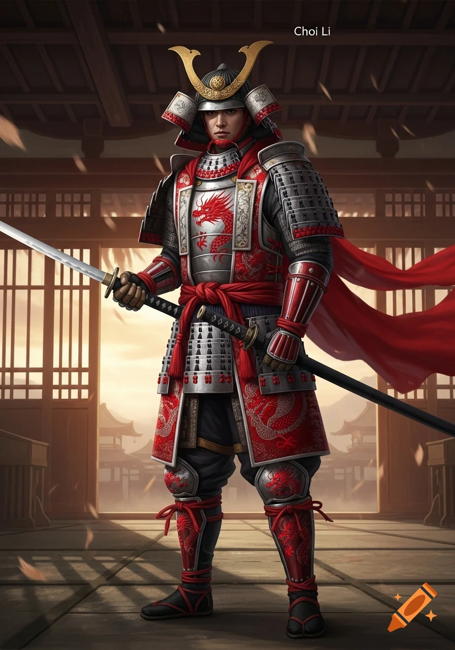 A samurai in detailed red and silver dragon-patterned armor holding a katana, standing in a Japanese temple.