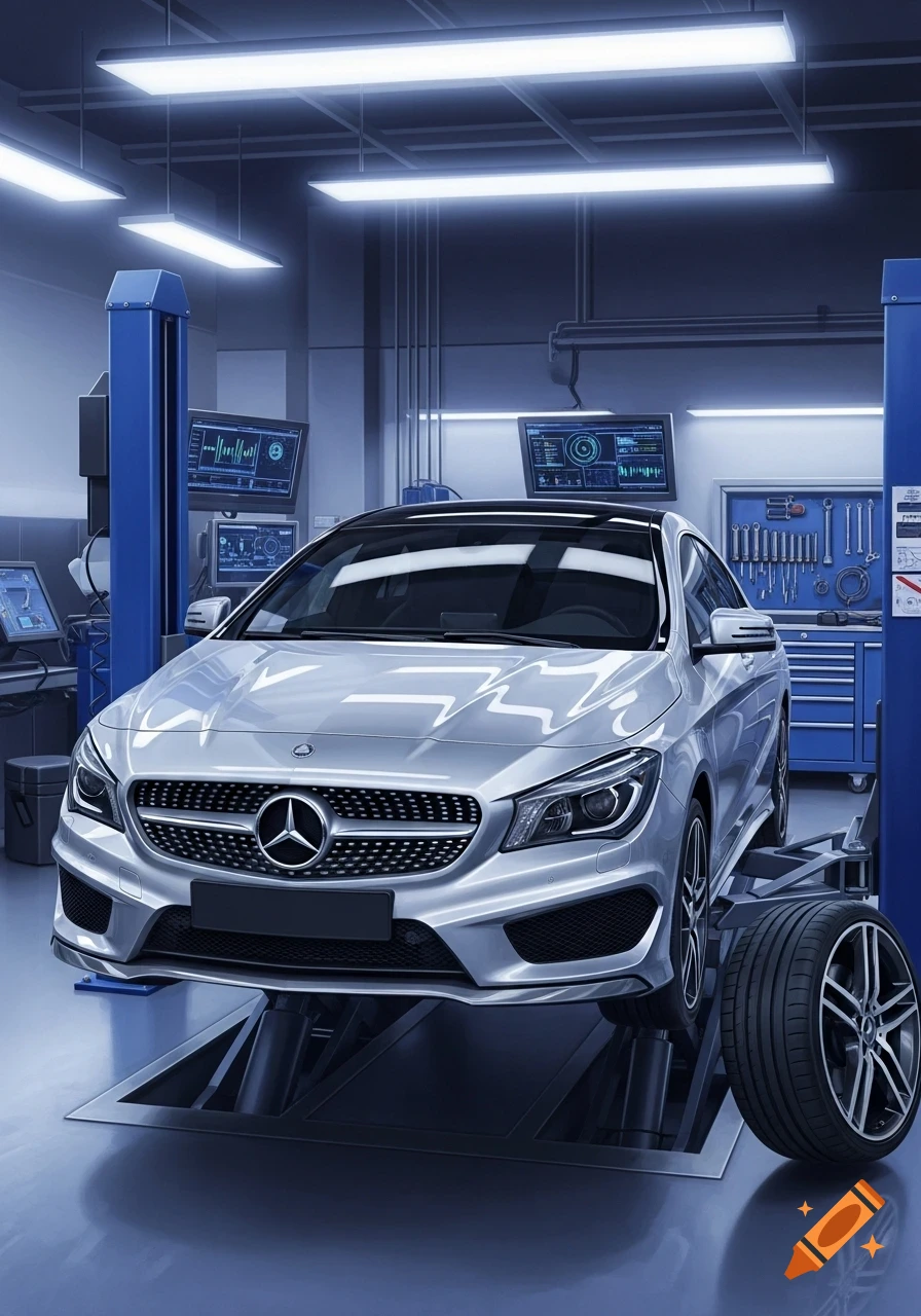 A silver Mercedes-Benz CLA 180 on a hydraulic lift inside a modern, well-lit car repair garage with diagnostic screens and tools.