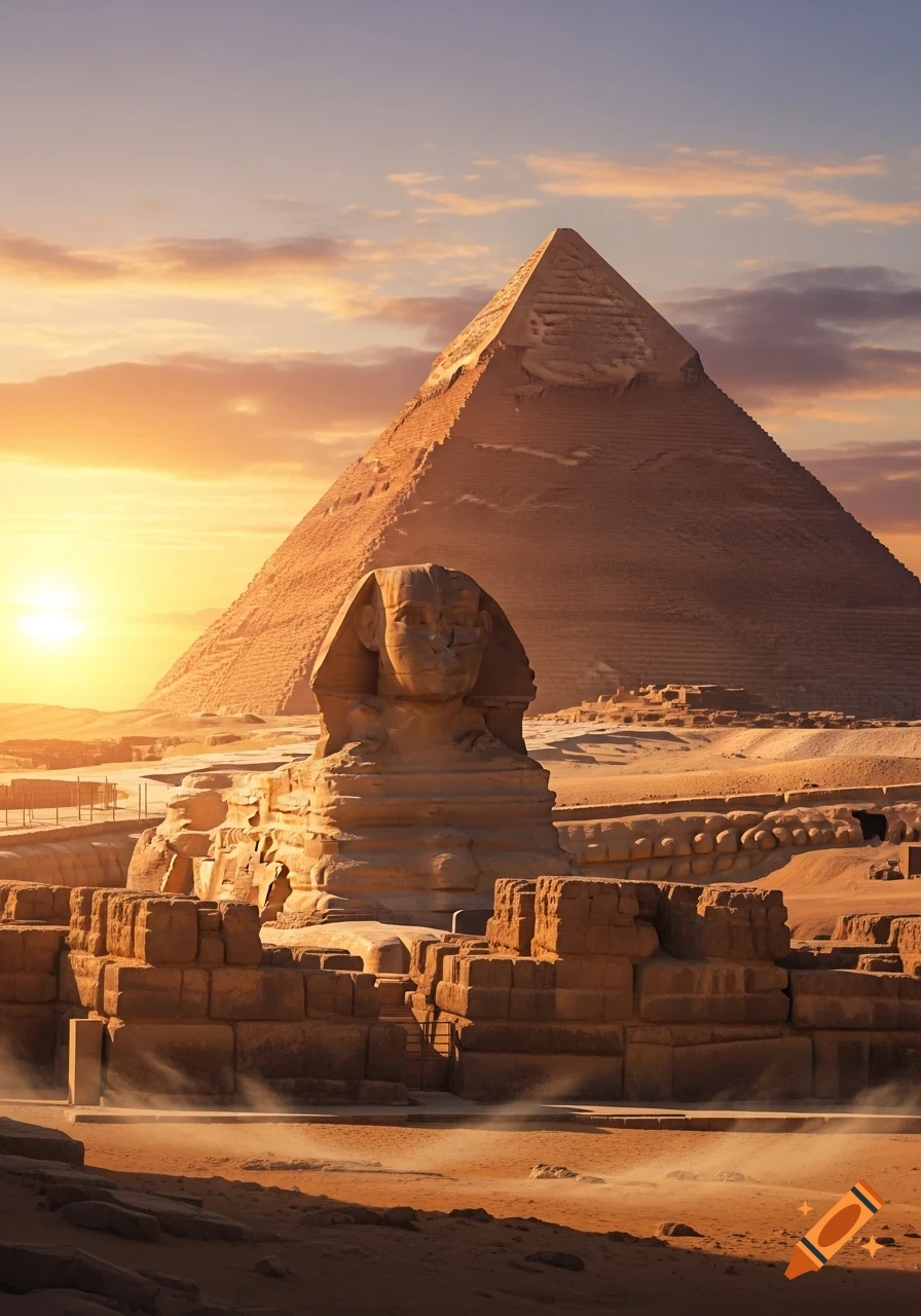 The Great Sphinx and a pyramid stand in the Giza desert, bathed in the warm glow of a beautiful sunset.
