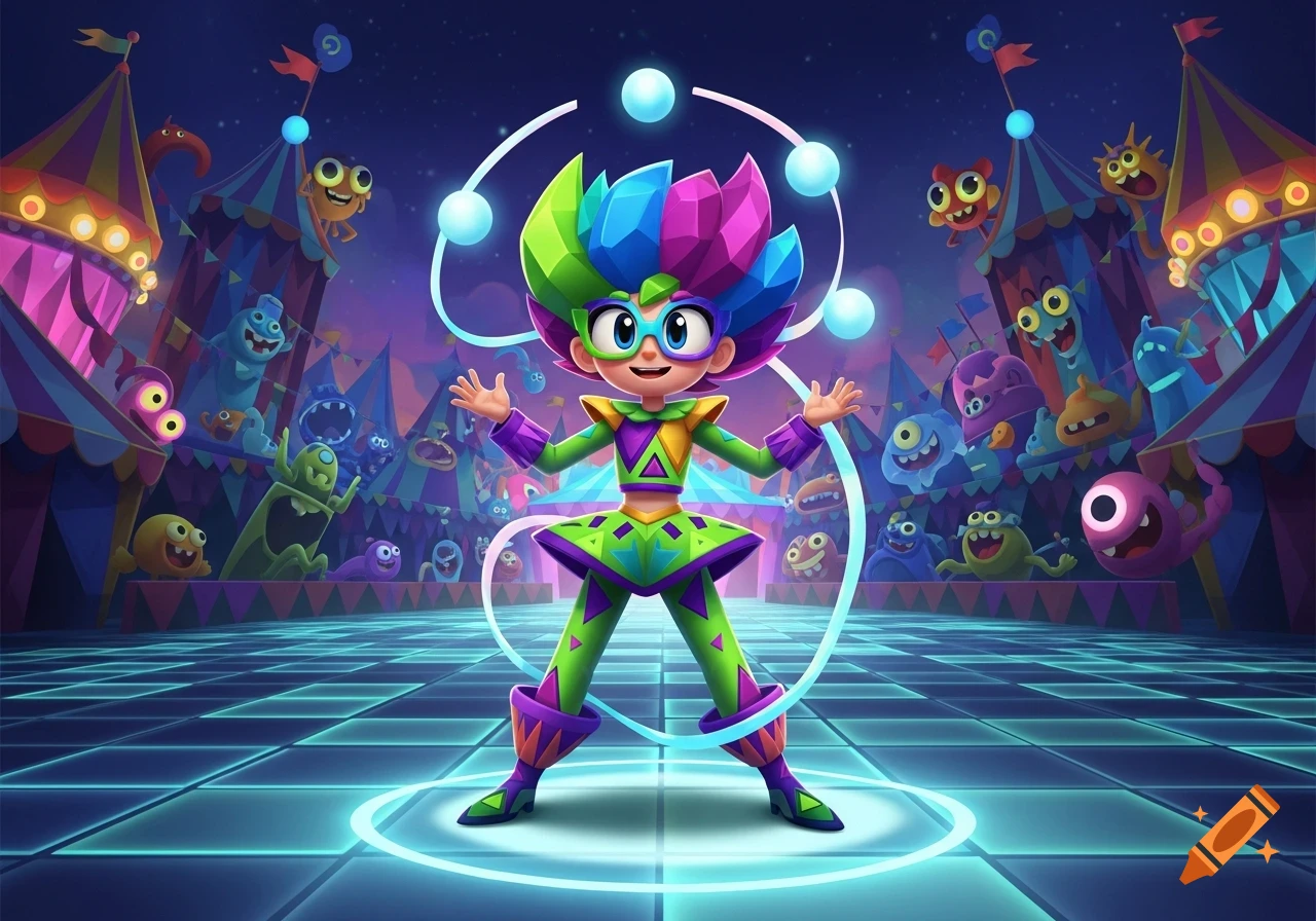 A vibrant cartoon character with colorful spiky hair juggles glowing orbs in a neon-lit circus tent with cheerful monsters.