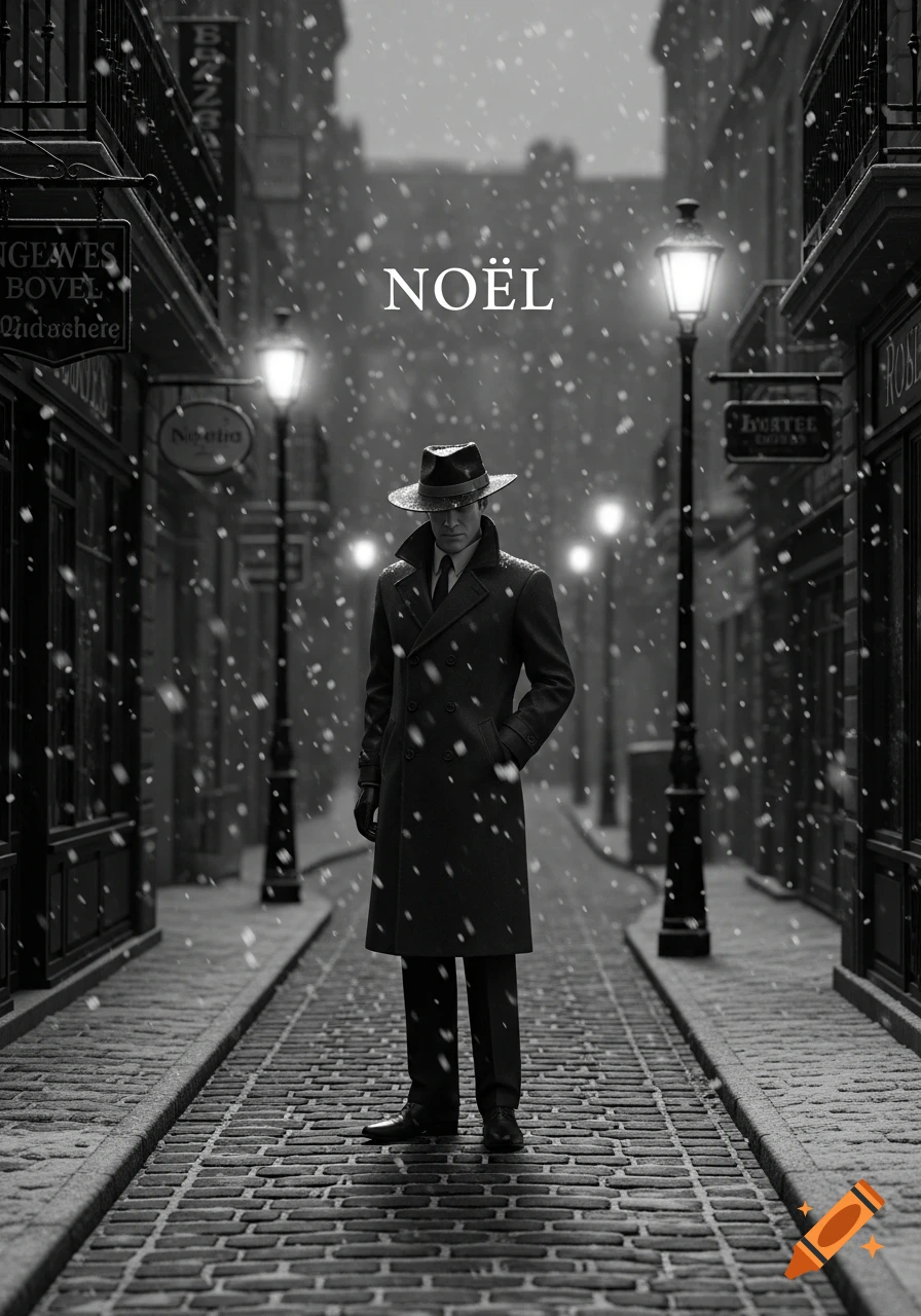 A man in a trench coat and fedora stands in a snowy, cobblestone street at night, with the word NOËL floating above, in a black and white film noir style.