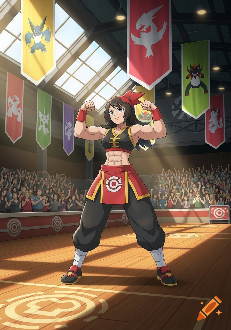 A muscular female Pokémon Gym Leader in a black and red fighting uniform flexes her biceps in a stadium with a cheering crowd and Pokémon banners.