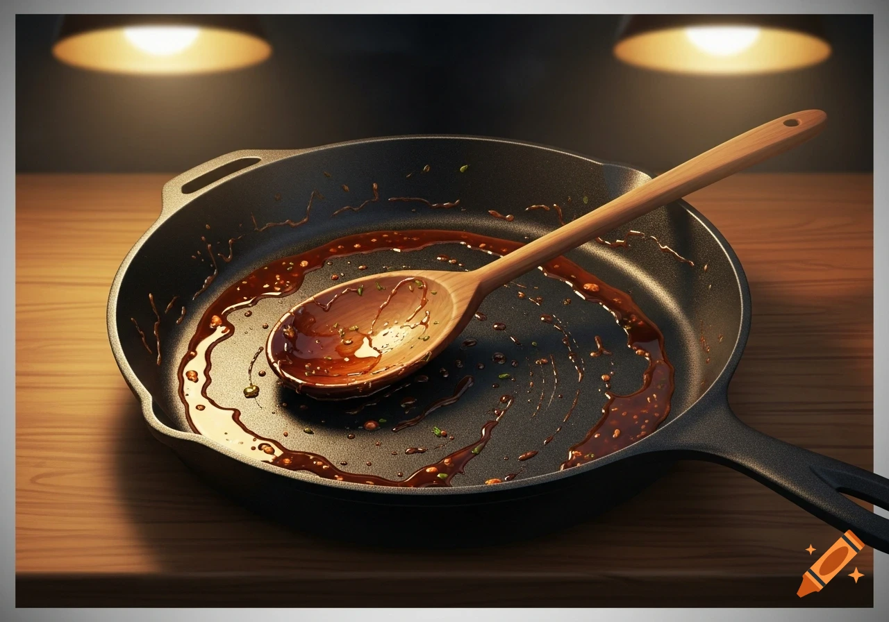 A close-up photorealistic shot of a cast iron pan with cooking residue and a wooden spoon, illuminated by warm lights.