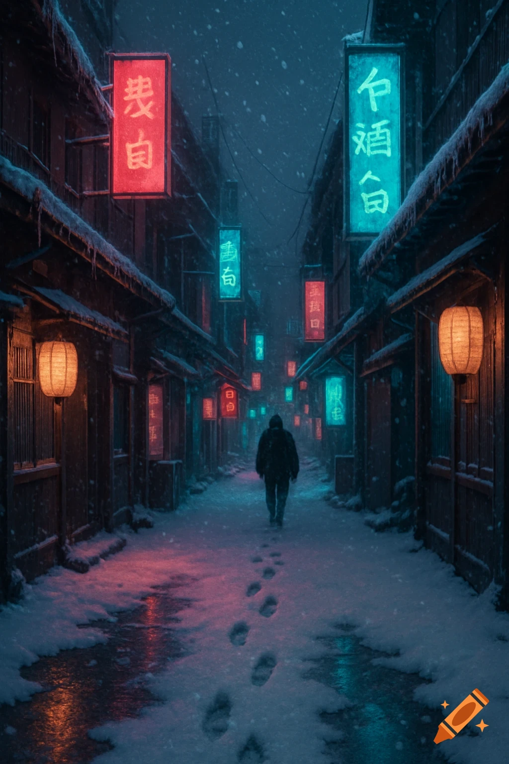 A person walks down a snowy, neon-lit Japanese alley with traditional wooden buildings and glowing lanterns.