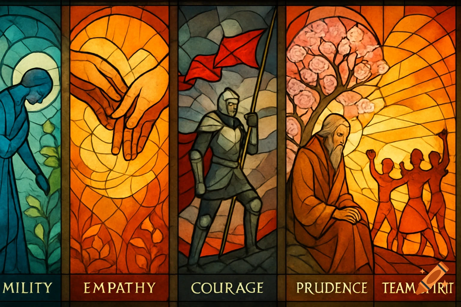 Five stained glass panels illustrate virtues: humility (blue figure), empathy (intertwined hands), courage (knight), prudence (old man), and team spirit.