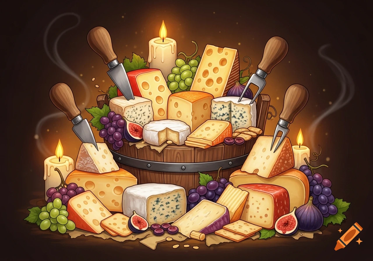 A stylized illustration of an abundant cheese board with various cheeses, grapes, figs, crackers, and cheese knives, illuminated by candles.