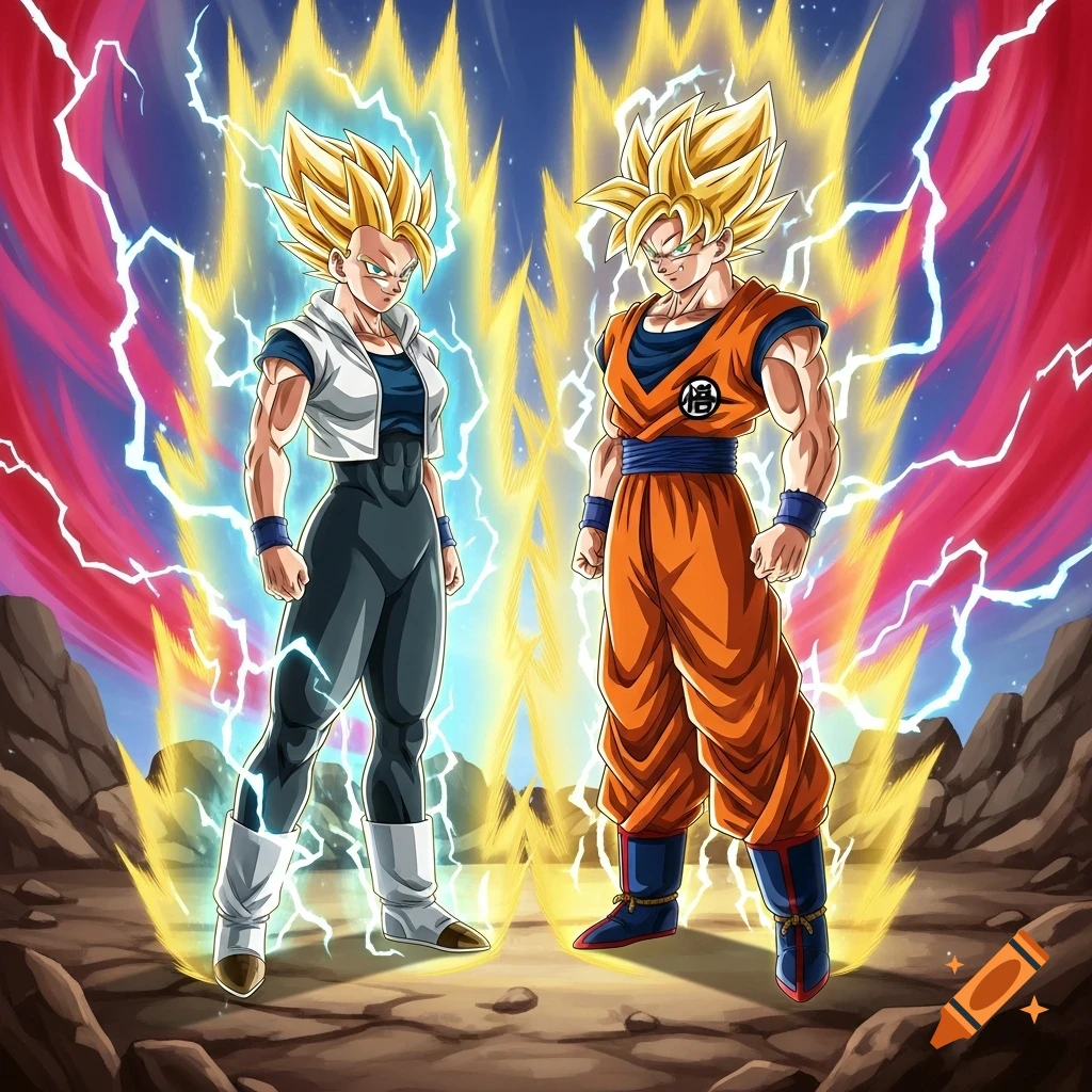 Goku and a female Saiyan character, possibly Caulifla, power up with golden auras and lightning in a rocky landscape.