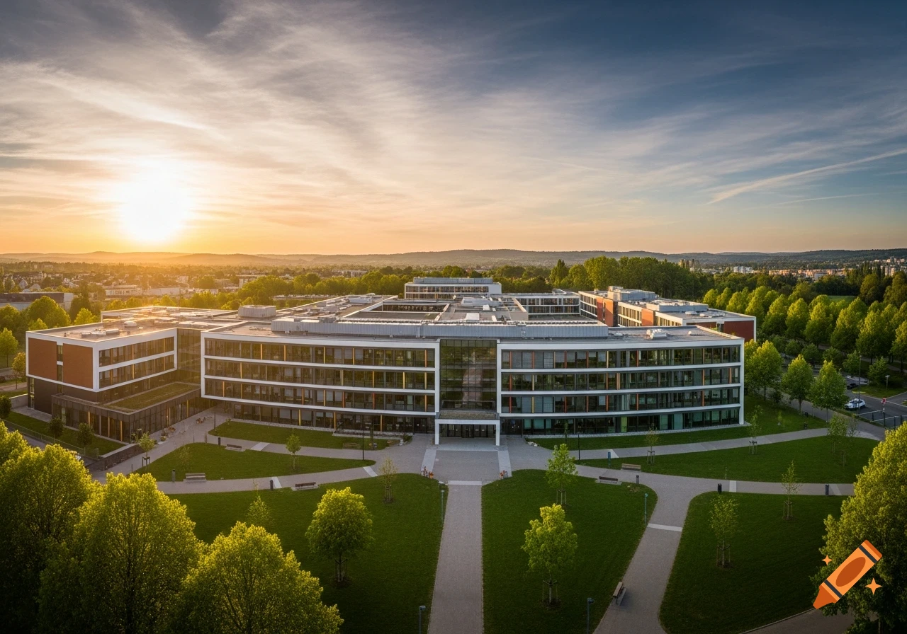 Aerial view of a modern building complex with large glass windows and white facades, surrounded by green lawns and trees under a dramatic sunset sky.