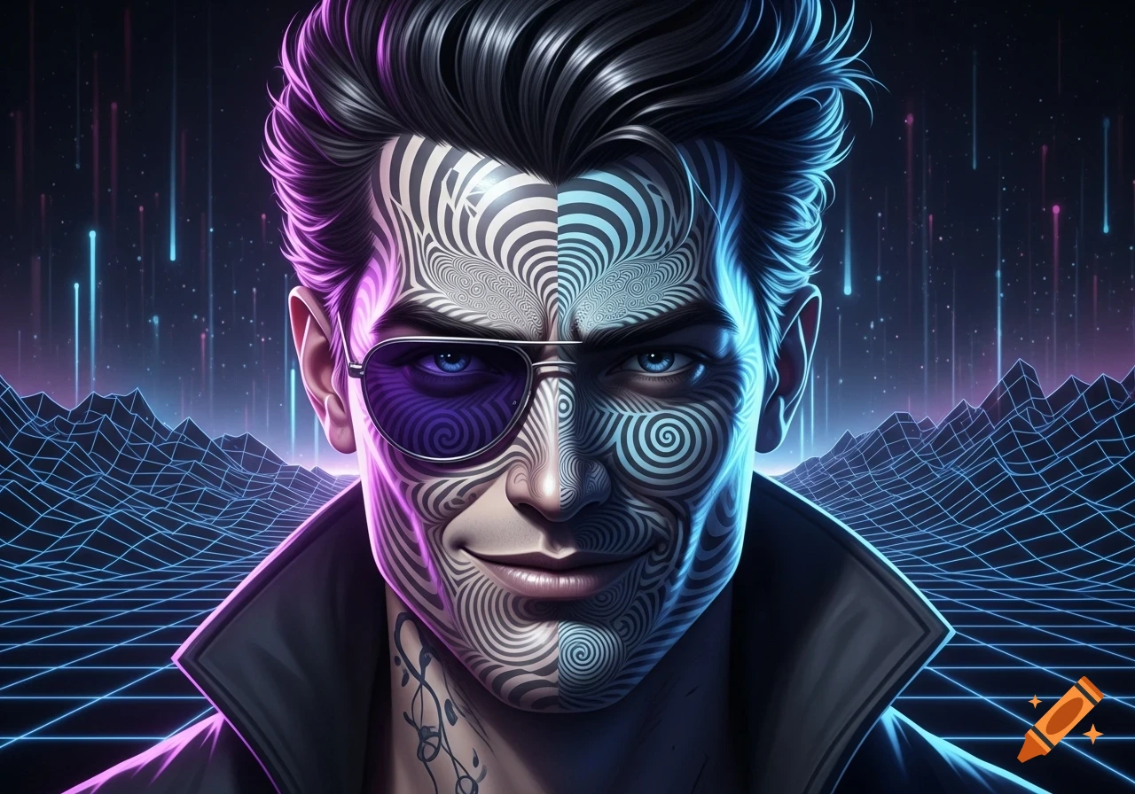 Close-up portrait of a man with an optical illusion pattern on his face, wearing sunglasses, set against a neon synthwave landscape.
