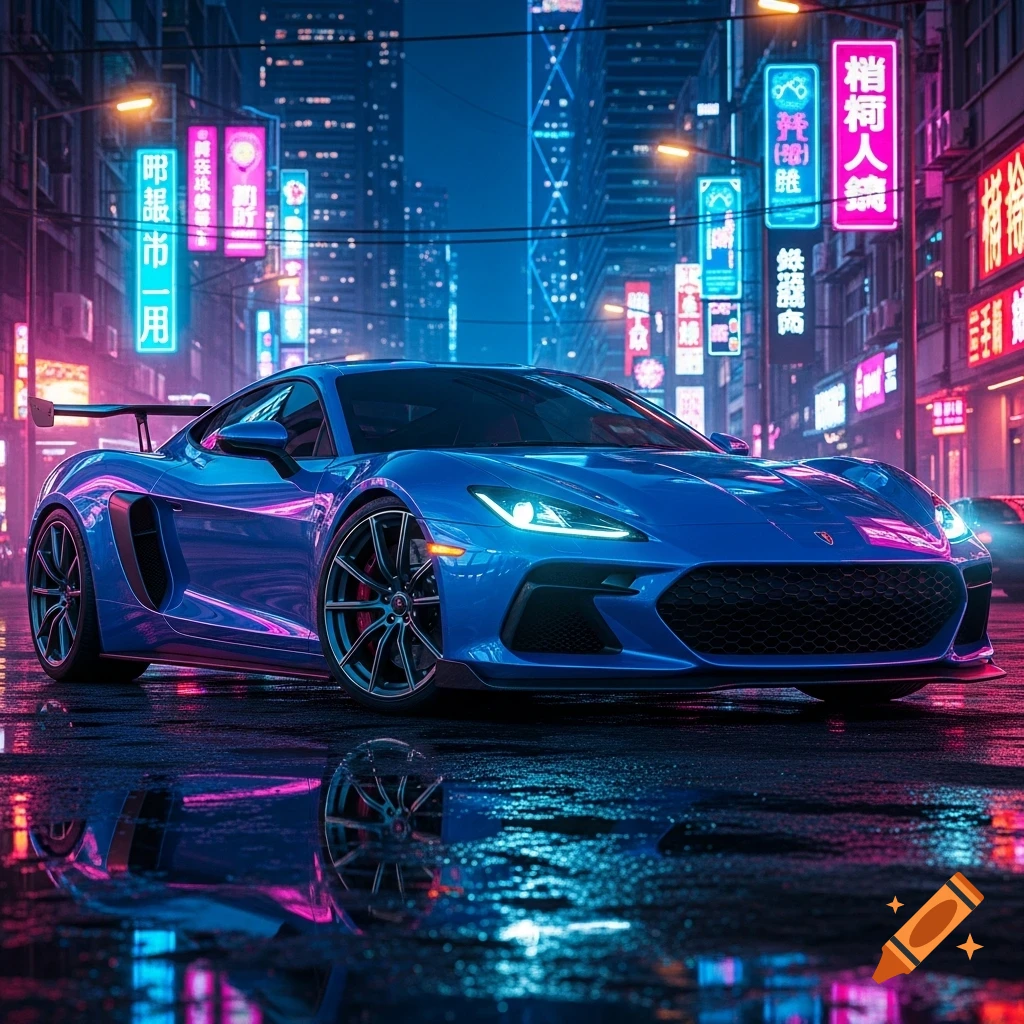 A shiny blue sports car parked on a wet street at night, reflecting neon blue and pink city lights.