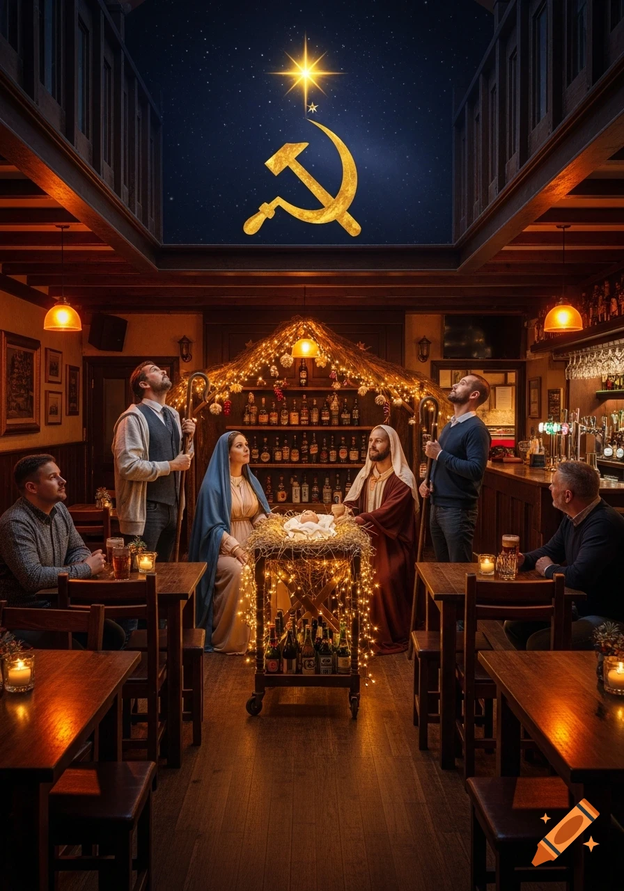 A photorealistic nativity scene in a pub, with figures looking up at a golden hammer and sickle symbol in the ceiling, lit by a star.