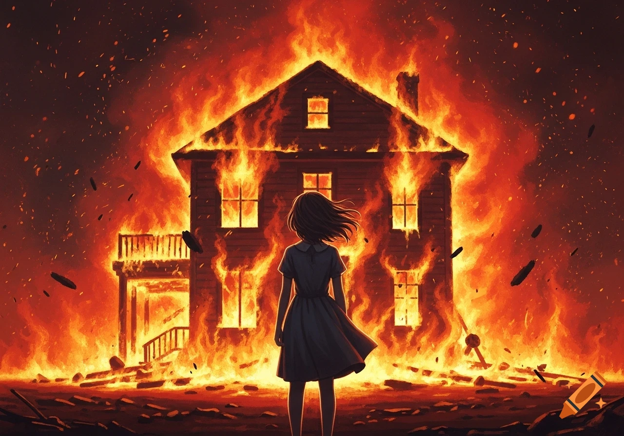 An illustration of a young girl standing with her back to the viewer, looking at a large house fully engulfed in flames.