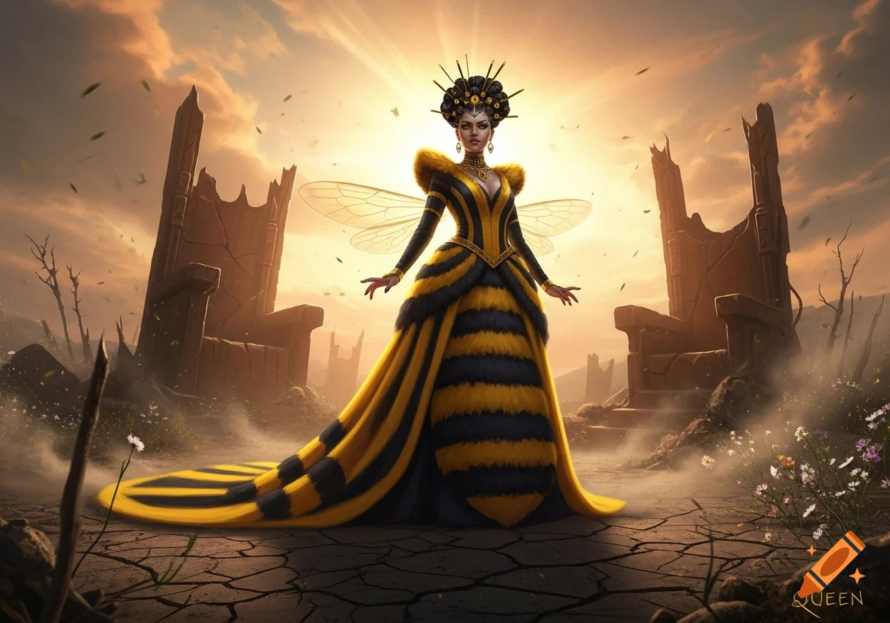 A queen in a black and yellow bumblebee-themed gown with transparent wings stands in a cracked wasteland with ancient ruins.