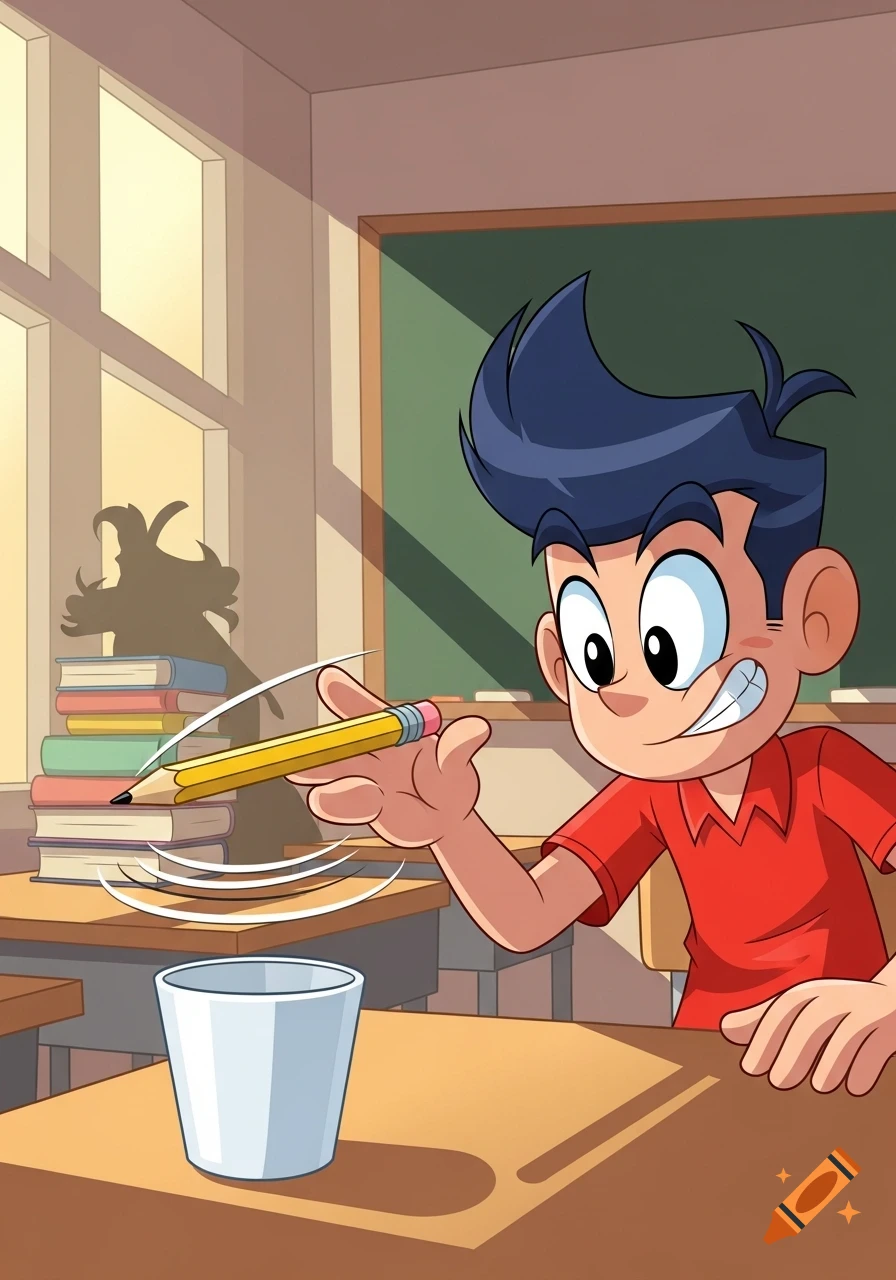 A cartoon boy with spiky hair in a red shirt bounces a yellow pencil towards a white cup on a desk in a classroom, with a monster shadow on the wall.