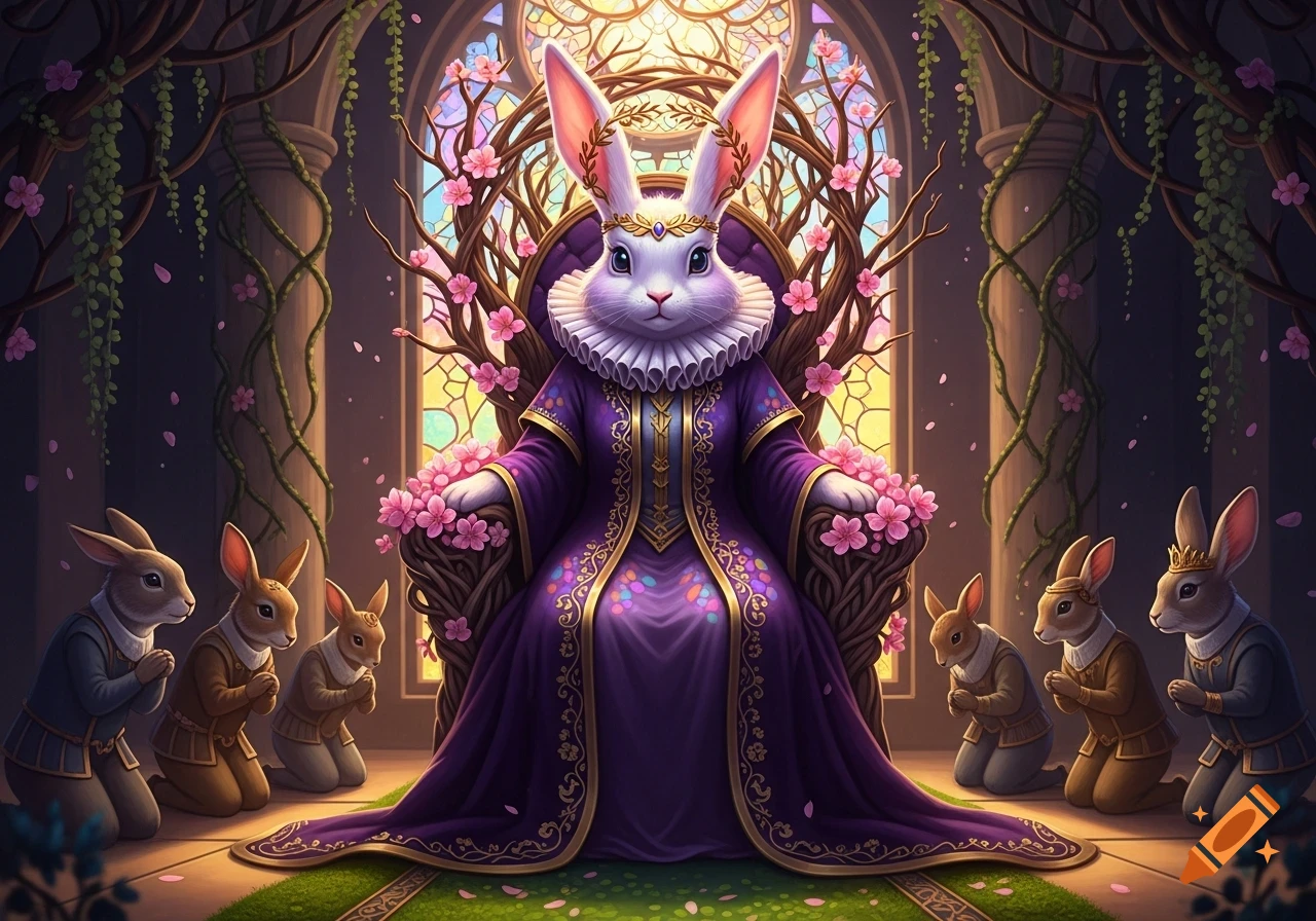 A regal white rabbit queen sits on a flowering throne while smaller rabbits kneel before her in a vibrant fantasy hall.