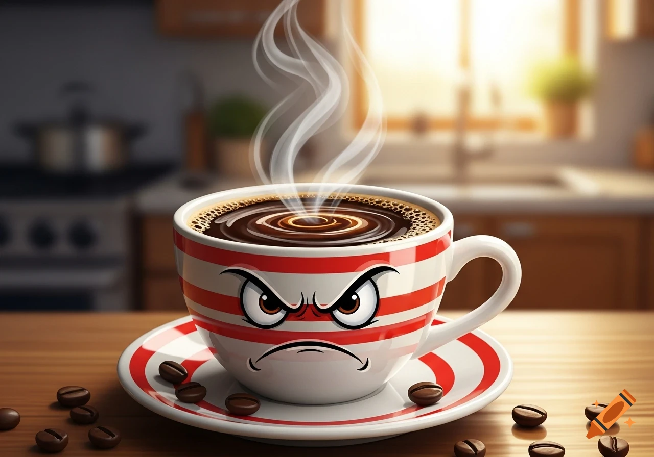 An angry, cartoon coffee cup with steam rising from dark coffee, sitting on a red and white saucer amidst scattered coffee beans.