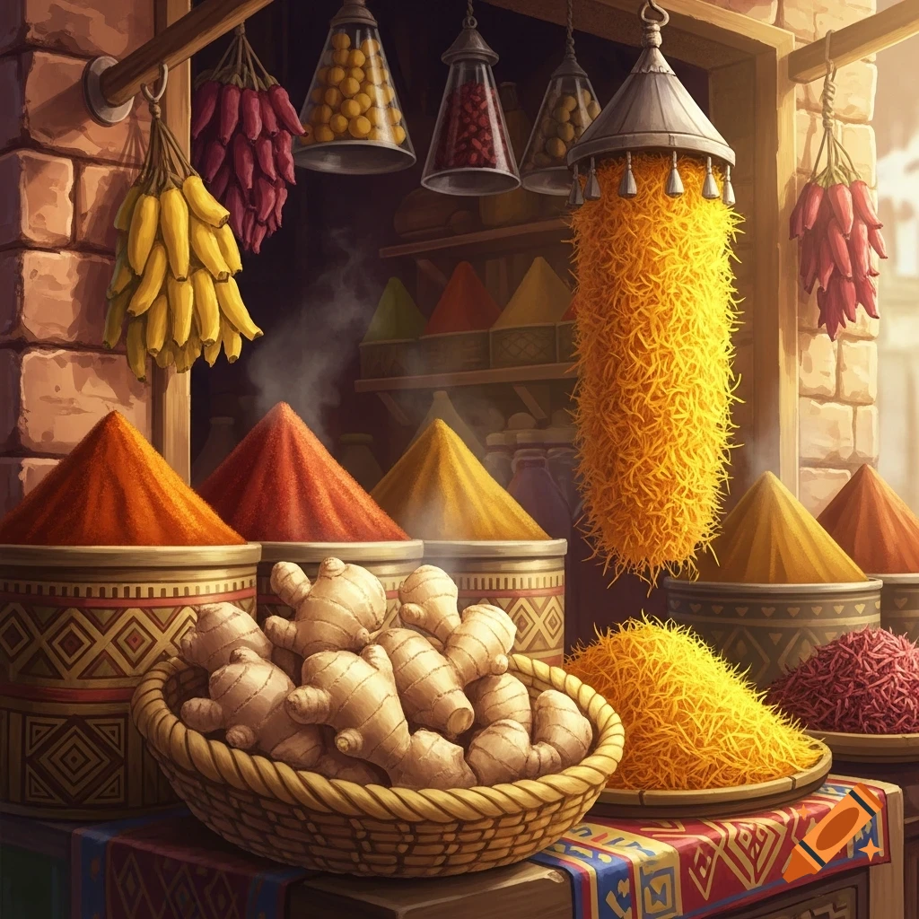A vibrant market stall filled with conical piles of colorful spices, a basket of ginger, hanging bananas, and dried chilies.