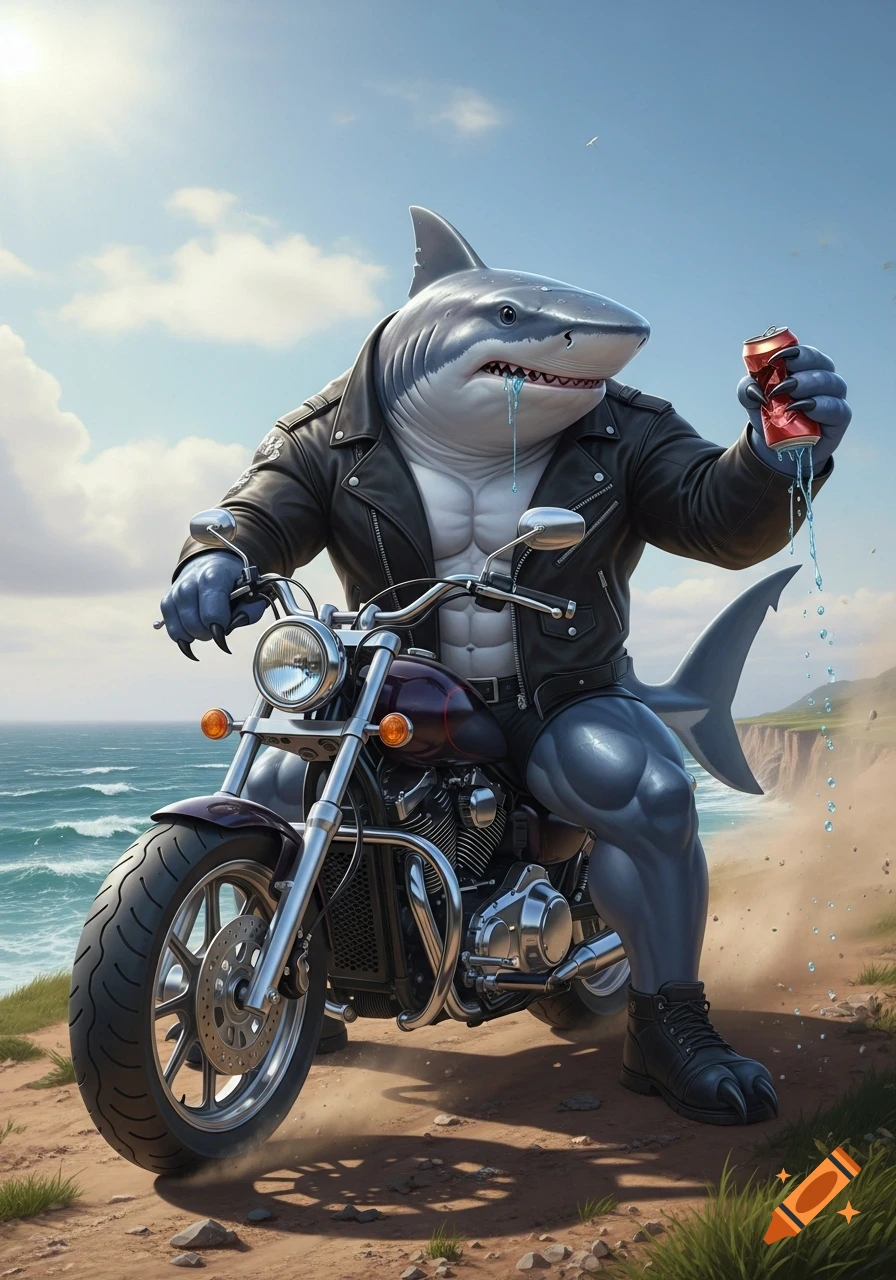 An anthropomorphic shark in a leather jacket sits on a motorcycle on a dirt path overlooking the ocean, holding a dripping crushed can.