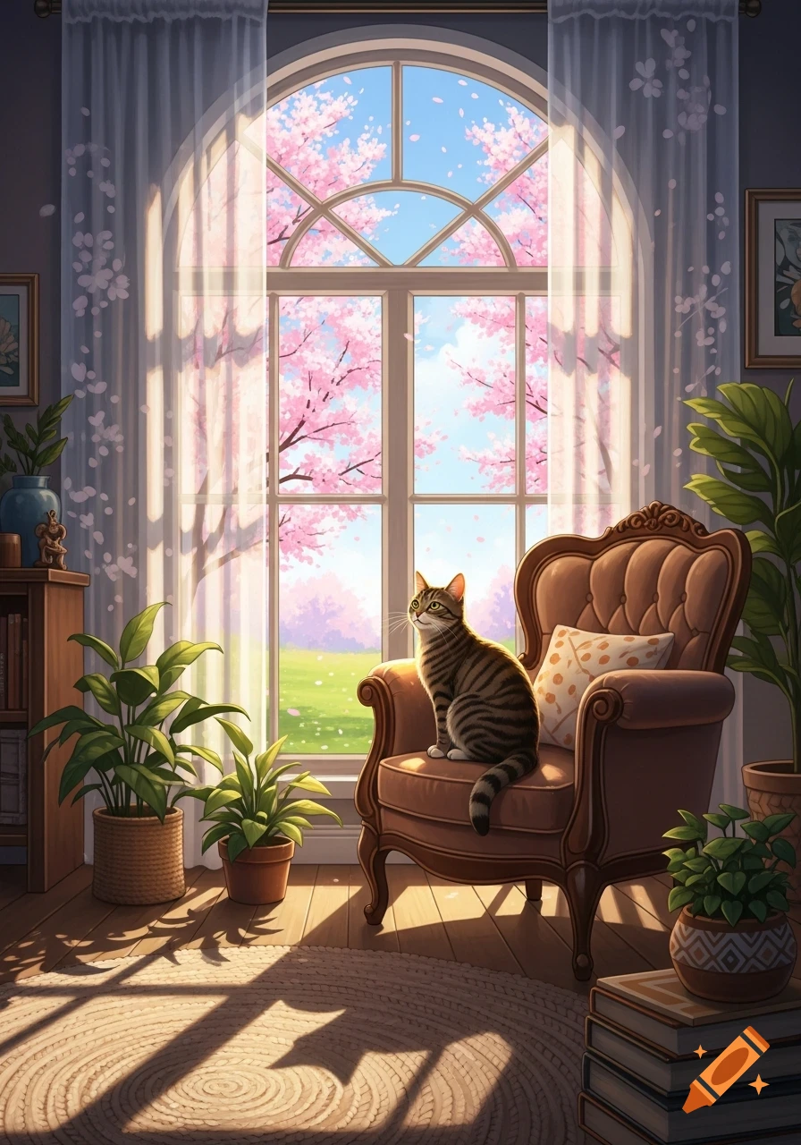 A tabby cat sits on a brown armchair in a sunlit room, looking out an arched window at pink cherry blossoms and a blue sky.
