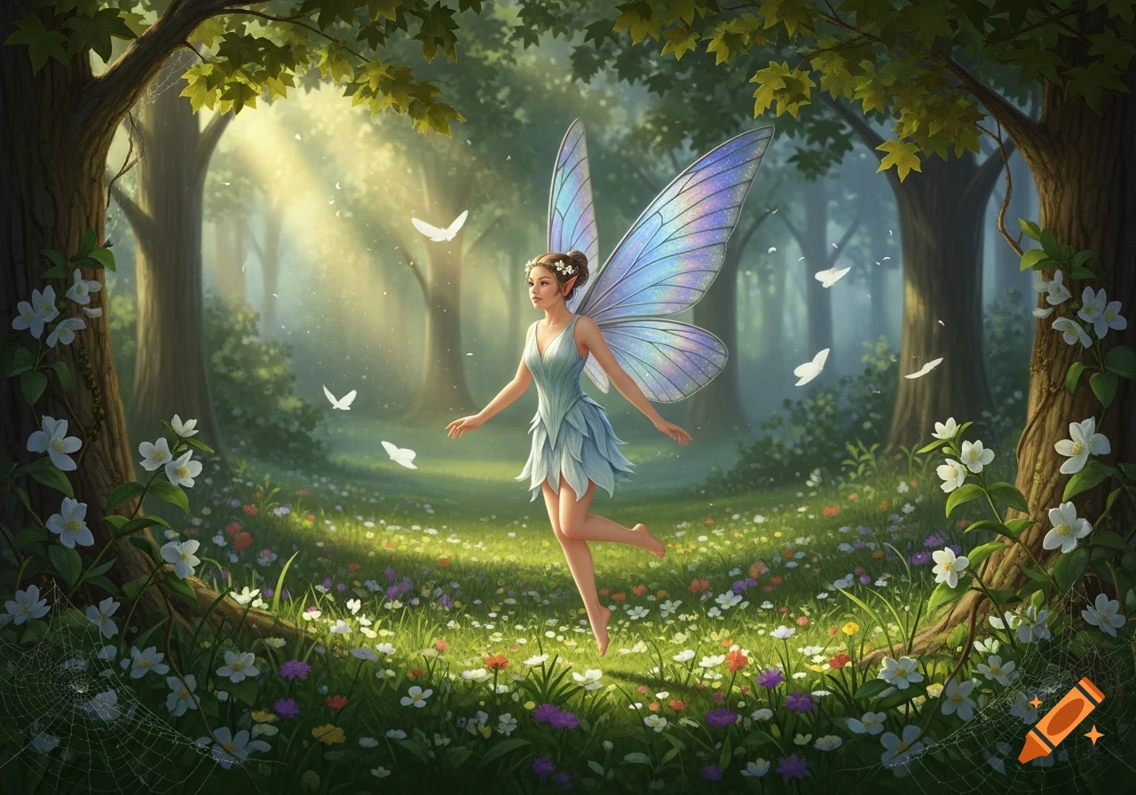 A barefoot fairy with iridescent wings and a blue dress floats in a sunlit, vibrant forest filled with wildflowers and white butterflies.