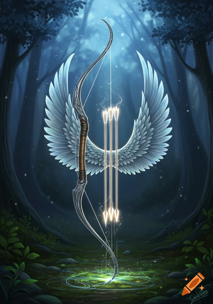 An ornate longbow with white wings and three glowing arrows stands upright in a dark, mystical forest with glowing green light on the ground.