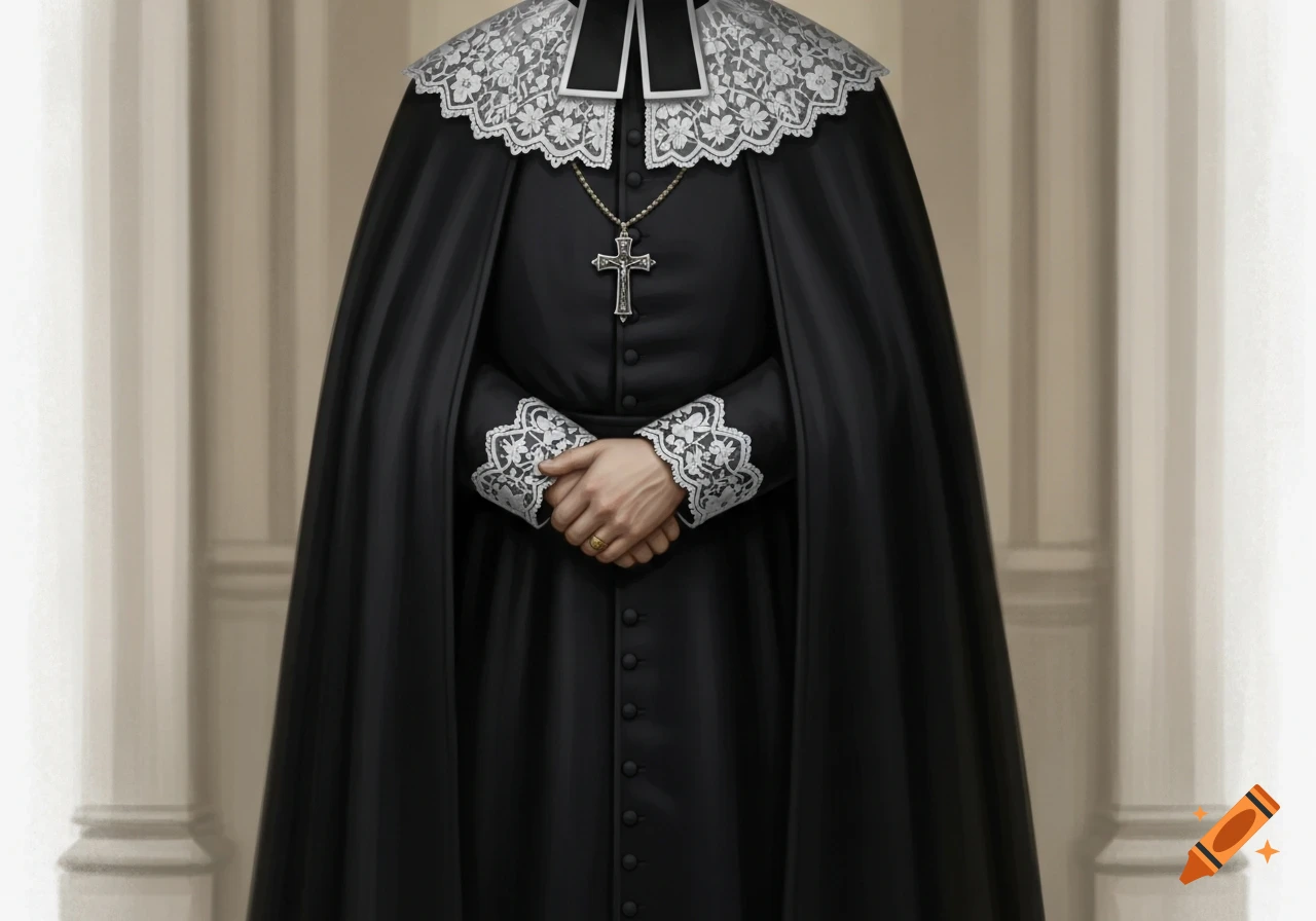 A photorealistic depiction of a cathedral canon in a long black robe, white lace collar, black cape, and cross necklace.