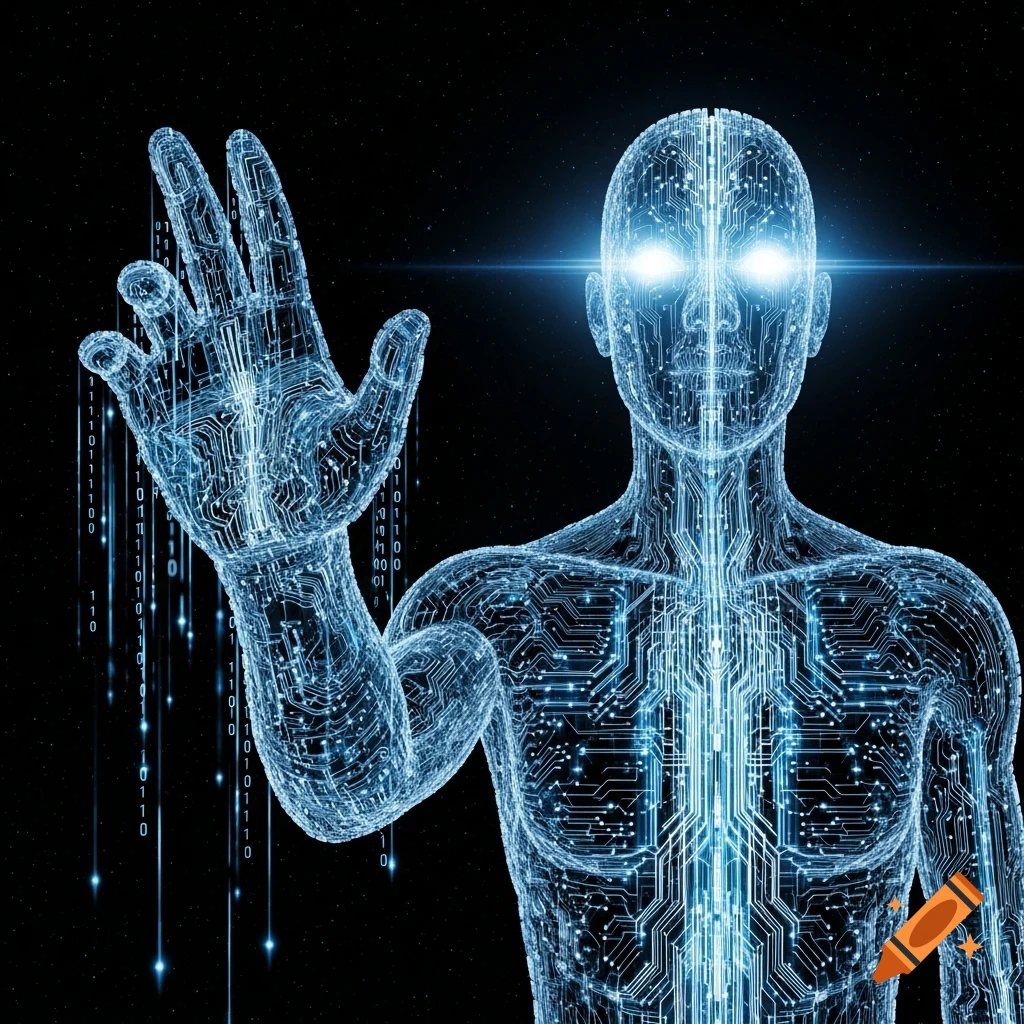 A glowing, translucent humanoid figure made of circuit board lines and binary code extends a hand against a starry black background.