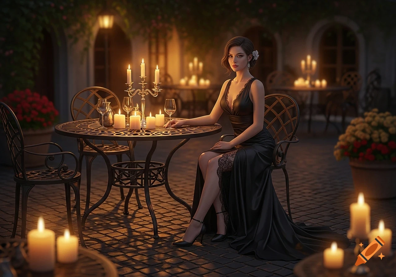 An elegant woman in a black evening gown sits at a candlelit outdoor table, looking directly at the viewer.