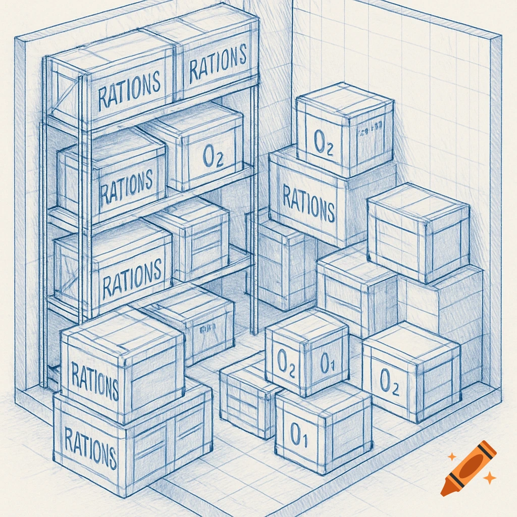 Isometric blue line art blueprint of a storage room with shelves and stacks of crates labeled 'RATIONS' and 'O2'.