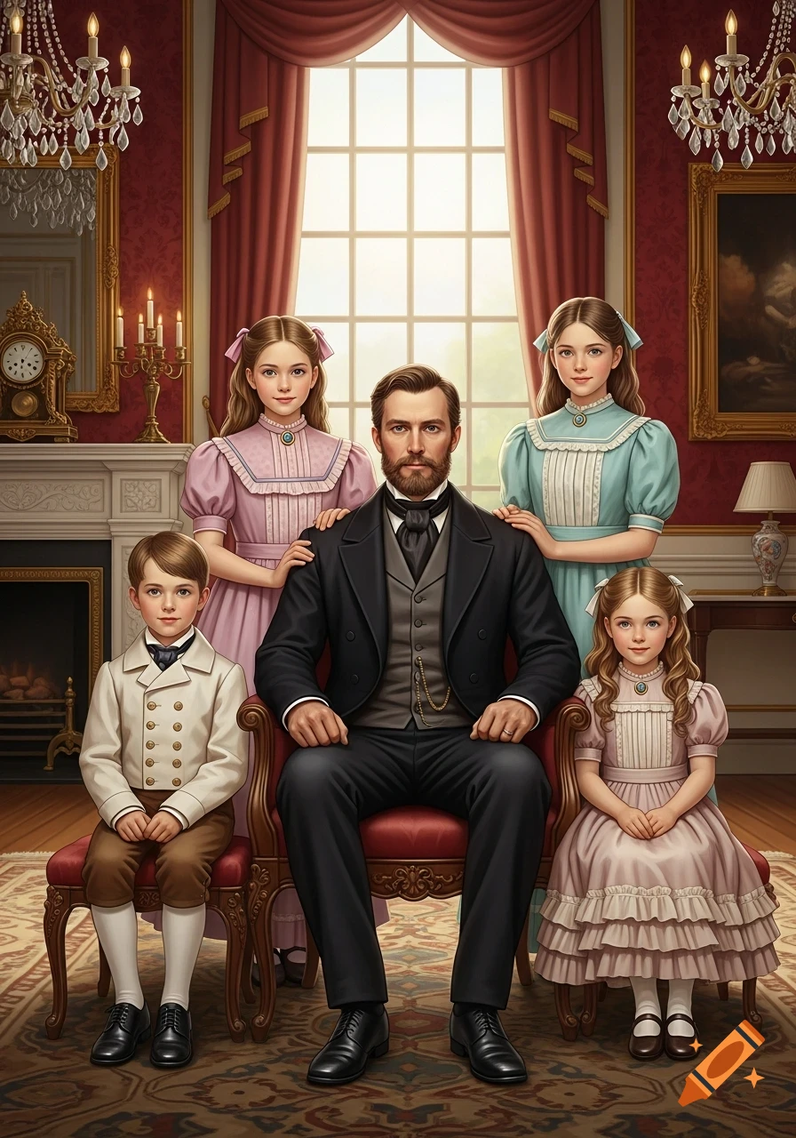 A formal Victorian family portrait featuring a bearded father seated with a young boy, and three girls standing behind him and to his side, in a grand room.