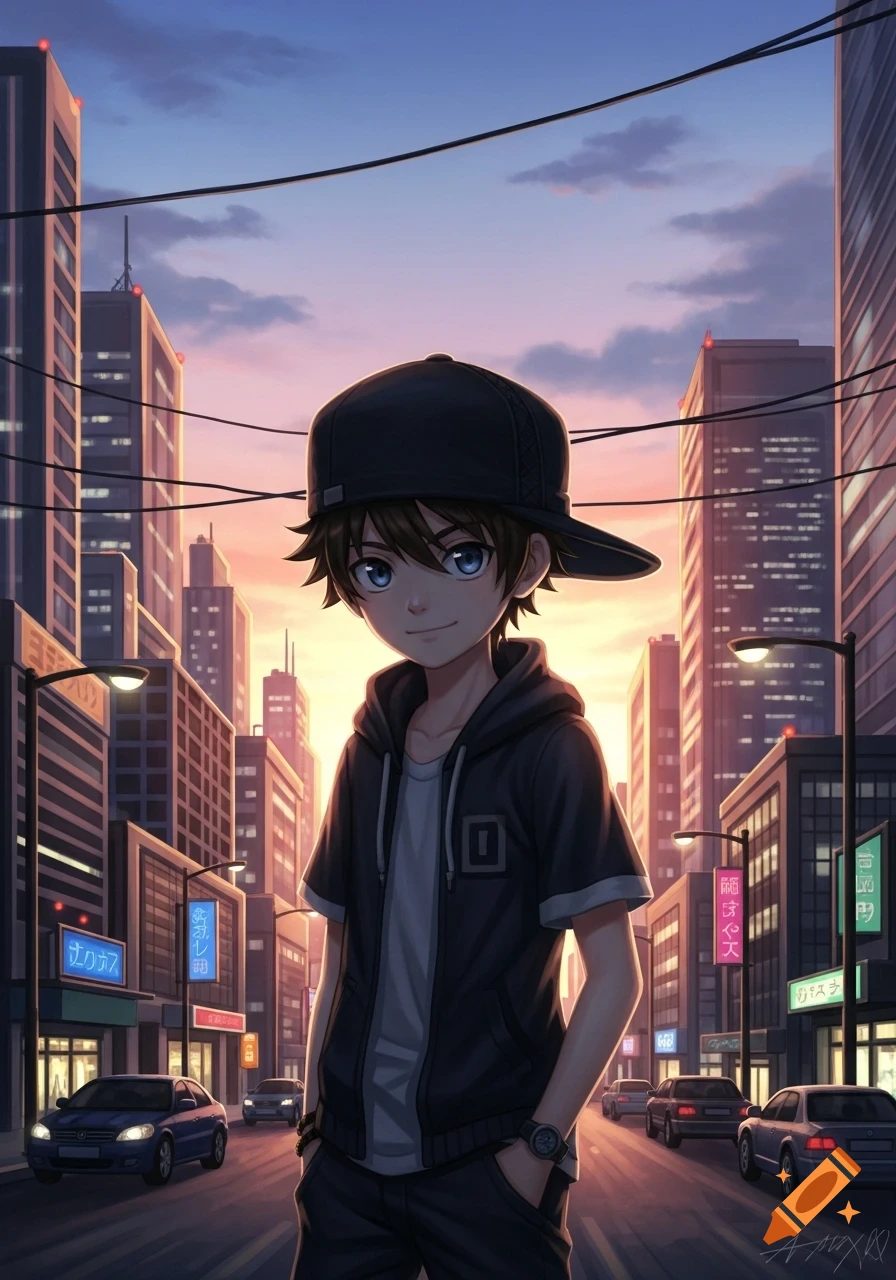 An anime boy in a black cap and hoodie stands on an urban street at sunset, with tall buildings and cars in the background.