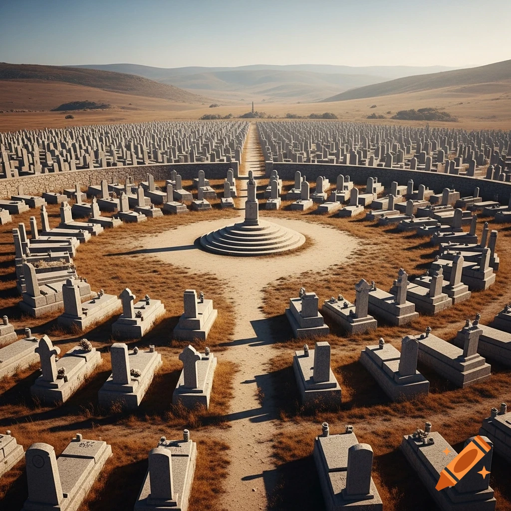 Photorealistic image of a vast cemetery with thousands of grey gravestones and a central monument in a dry, grassy field under a clear sky.
