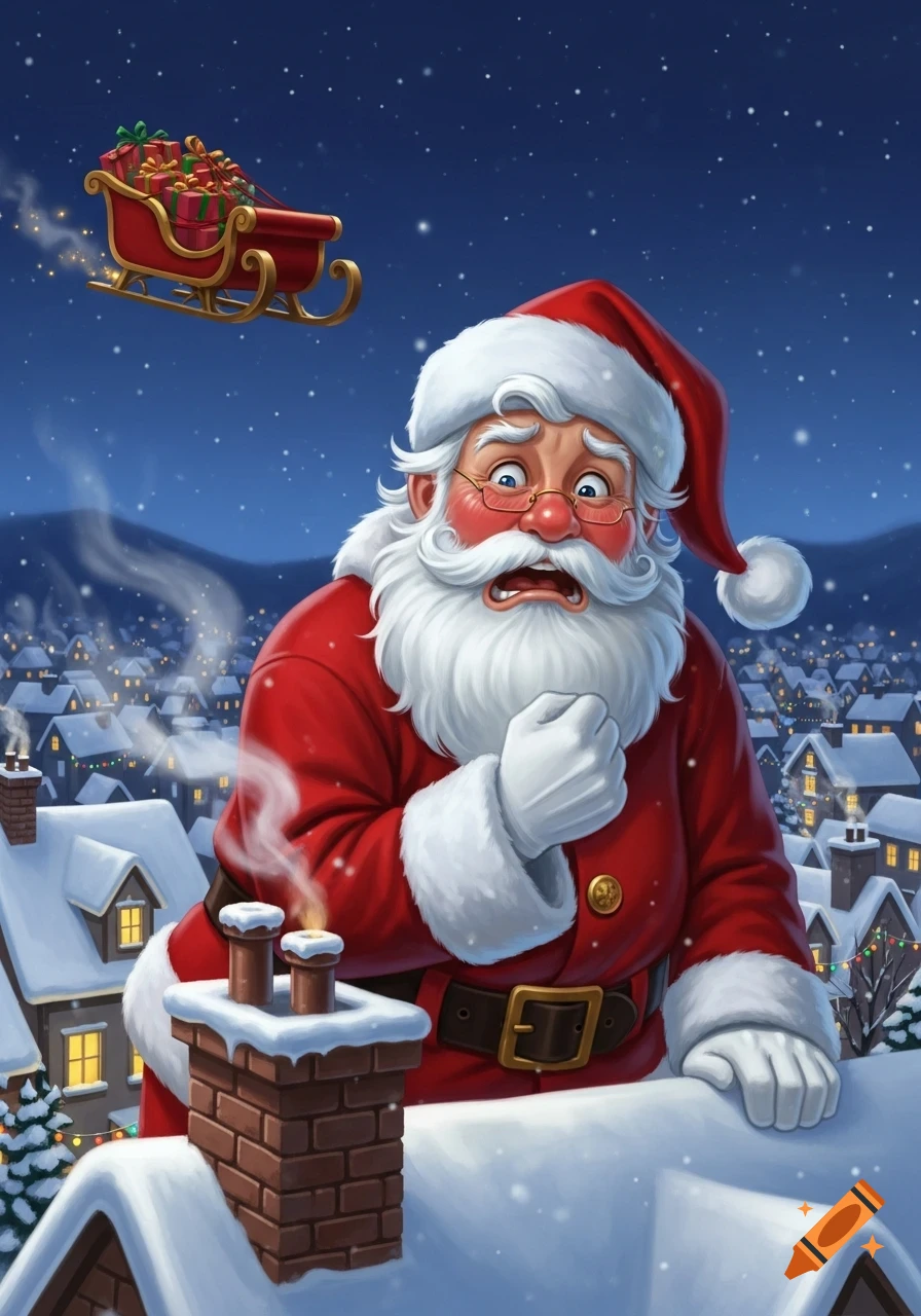 Cartoon illustration of a surprised Santa Claus on a snowy rooftop, his sleigh flying away above a festive village at night.
