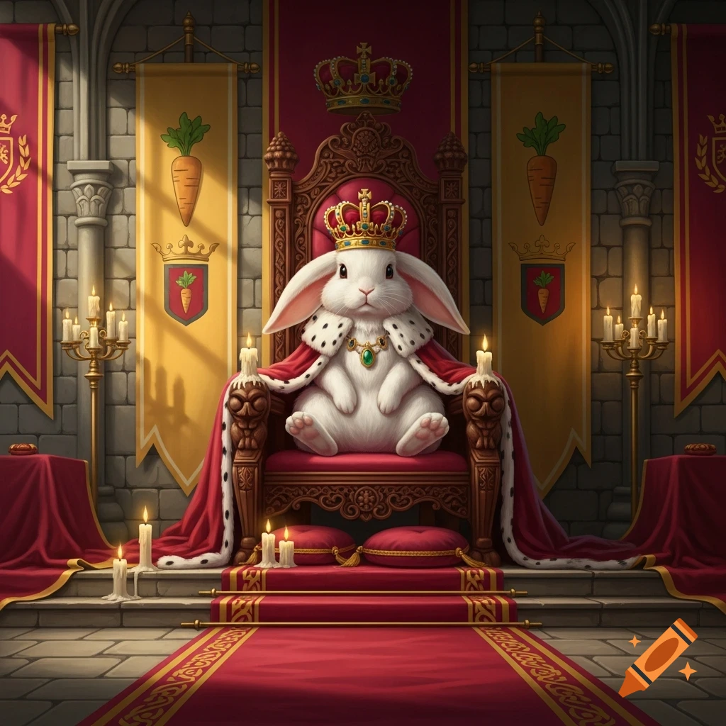 A majestic white bunny wearing a crown and royal cape sits on an ornate red throne in a grand castle hall, surrounded by banners and candles.