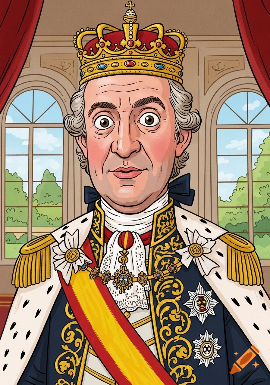Cartoon portrait of King Carlos IV of Spain in a crown and royal blue and gold attire, looking forward from a room with windows.